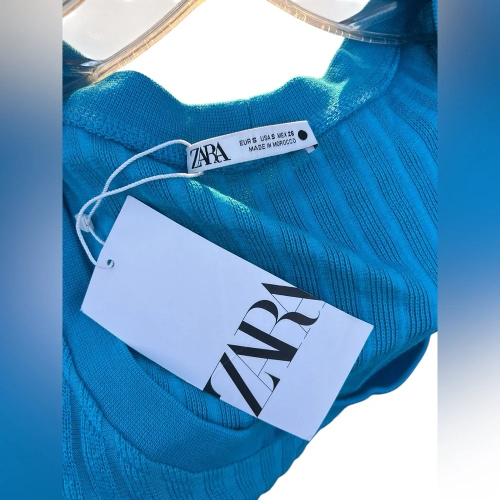 NWT Zara Teal Scoop Neck Knit Short Sleeve Blouse Fits Women's XS - Picture 4 of 4